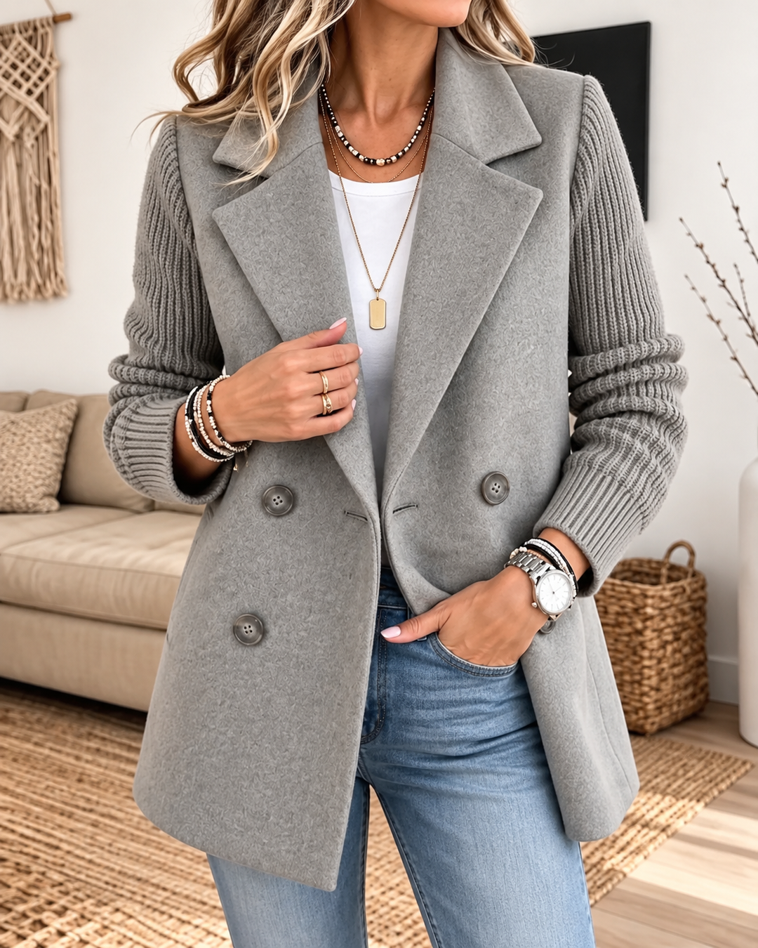 Madeline™ | Knit-Sleeve Double-Breasted Blazer