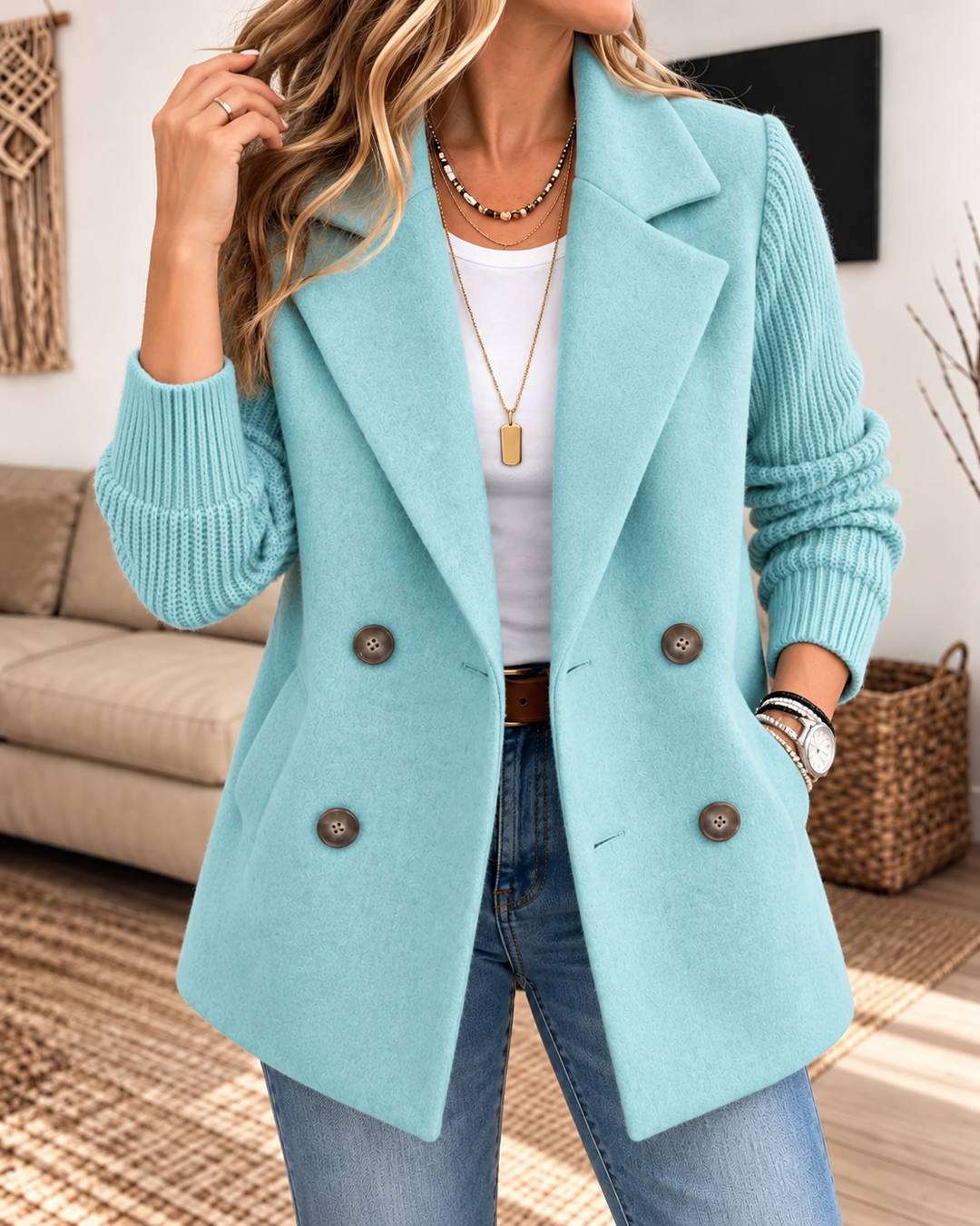 Madeline™ | Knit-Sleeve Double-Breasted Blazer