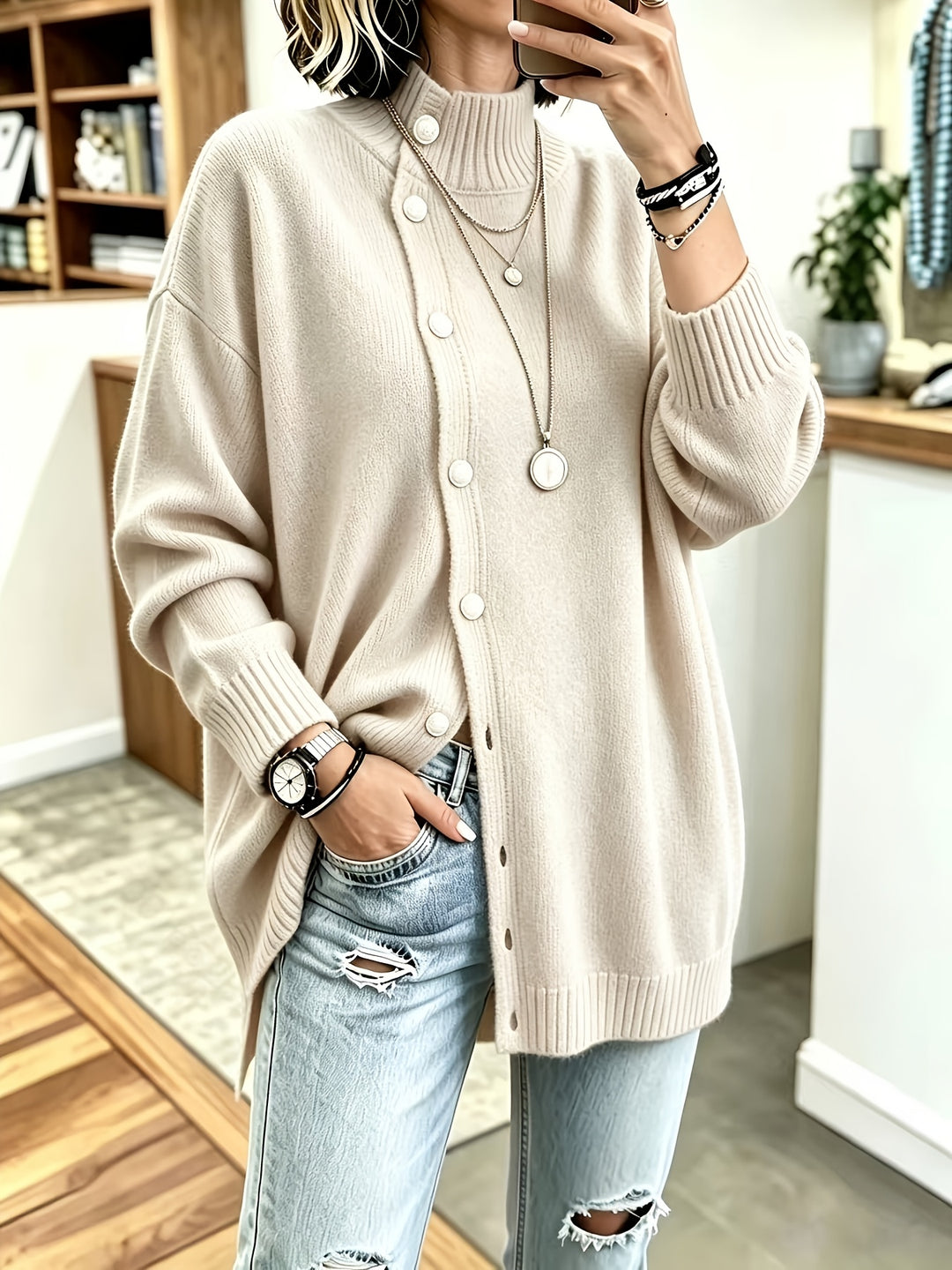 Estelle™ | Pearl-Button Relaxed Knit Cardigan