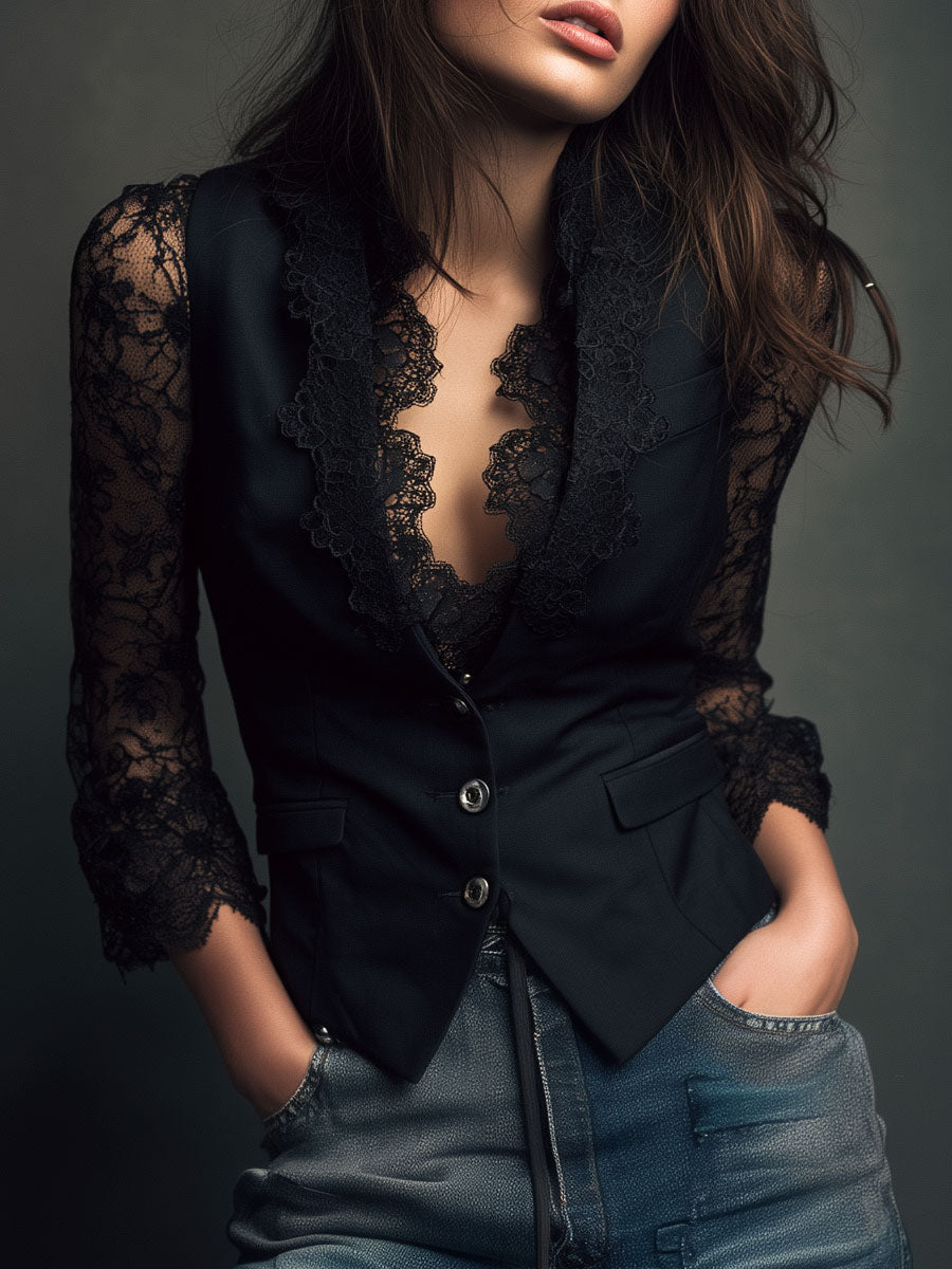 Celeste™ | Lace-Sleeve Tailored Blazer