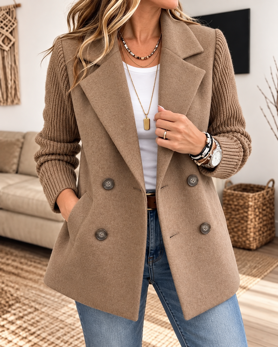 Madeline™ | Knit-Sleeve Double-Breasted Blazer