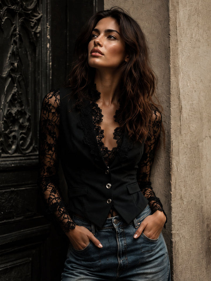Celeste™ | Lace-Sleeve Tailored Blazer