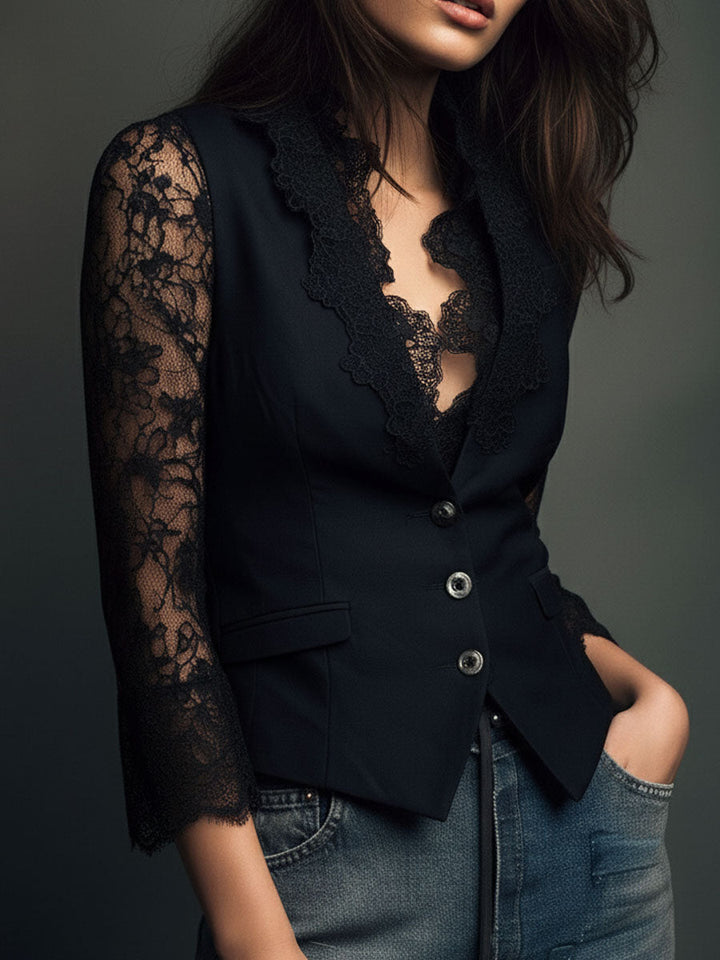 Celeste™ | Lace-Sleeve Tailored Blazer