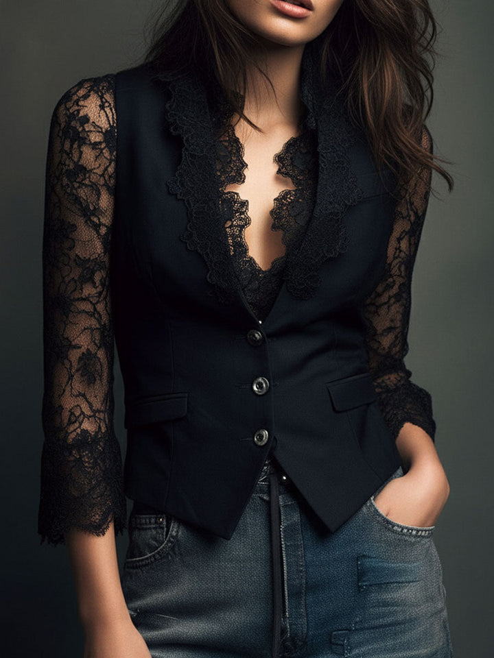 Celeste™ | Lace-Sleeve Tailored Blazer