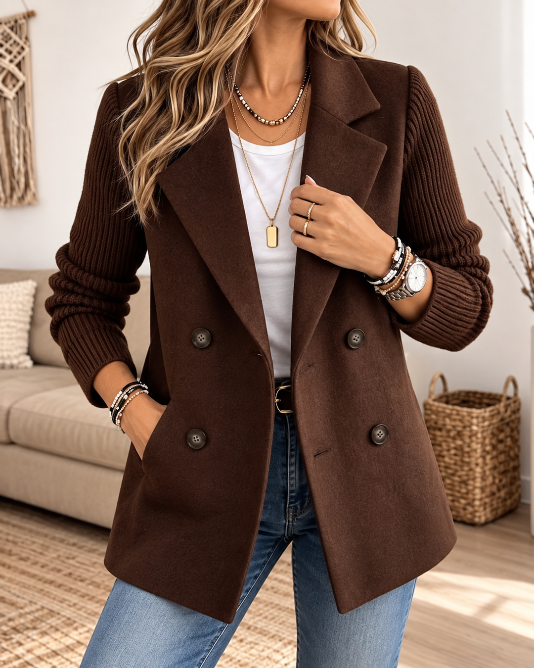 Madeline™ | Knit-Sleeve Double-Breasted Blazer