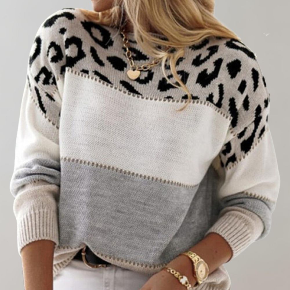 Adeline™ | Leopard-Trim Colorblock Knit Sweater