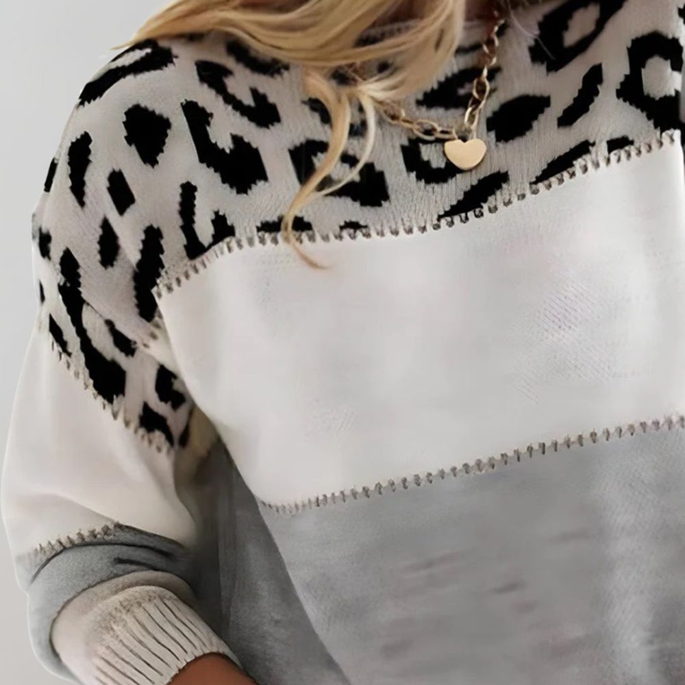 Adeline™ | Leopard-Trim Colorblock Knit Sweater