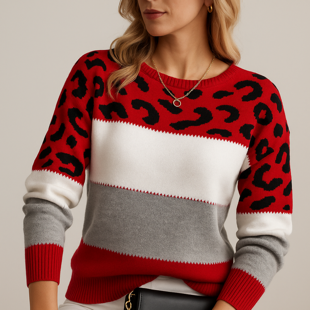 Adeline™ | Leopard-Trim Colorblock Knit Sweater