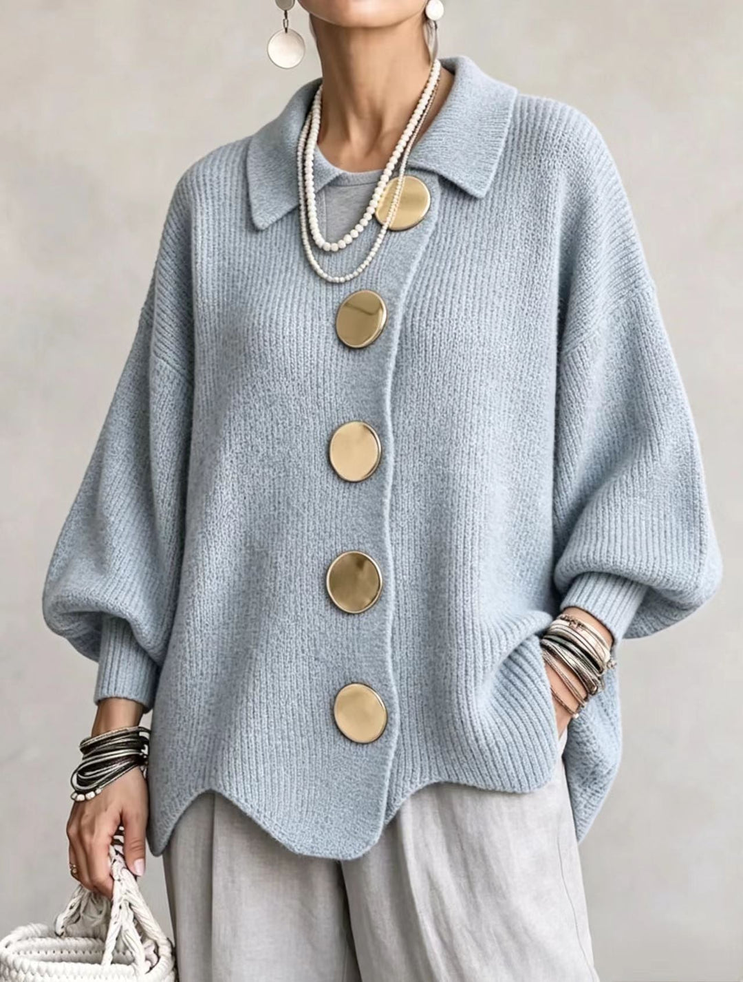 Eleanor™ | Oversized Gold-Button Knit Cardigan