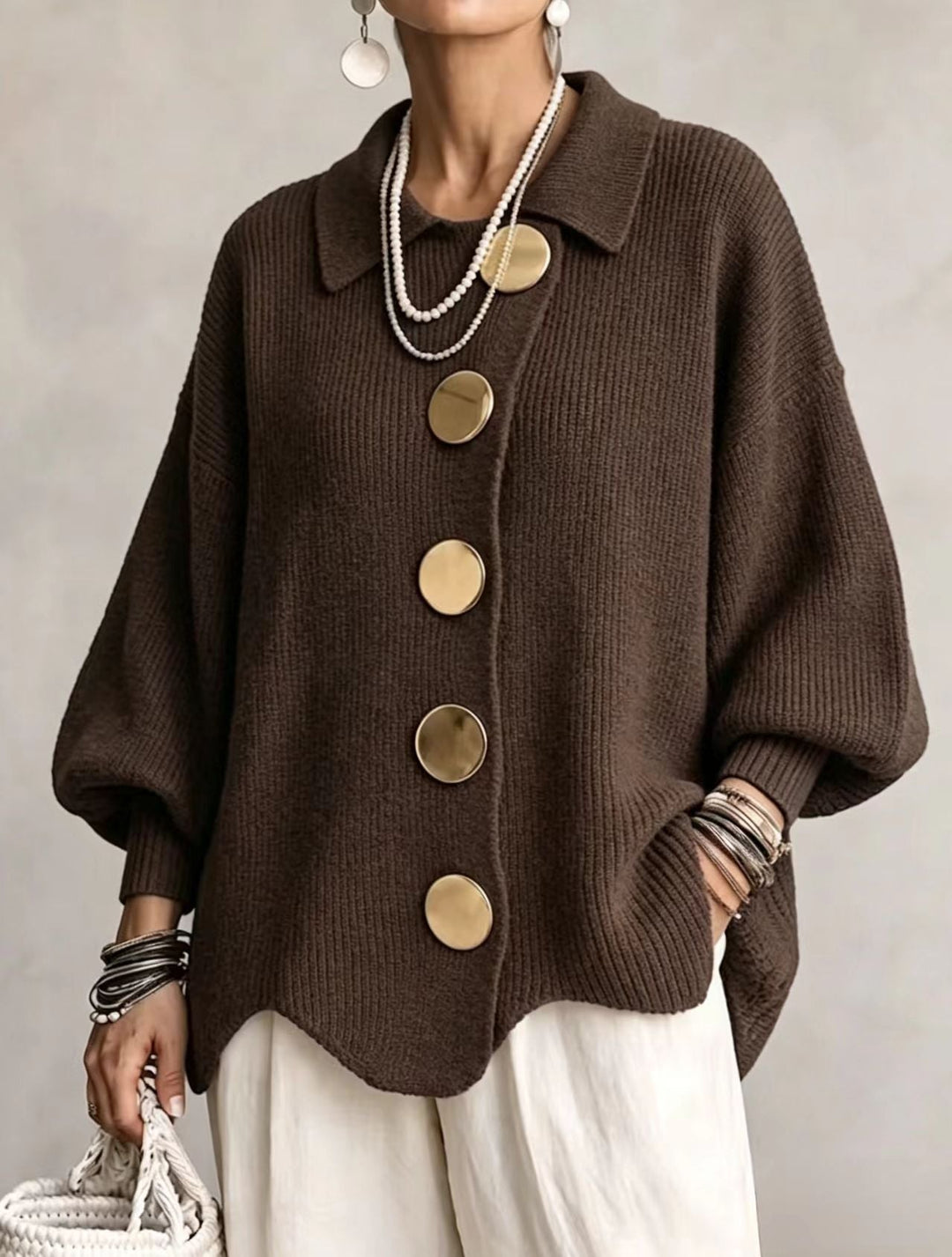 Eleanor™ | Oversized Gold-Button Knit Cardigan