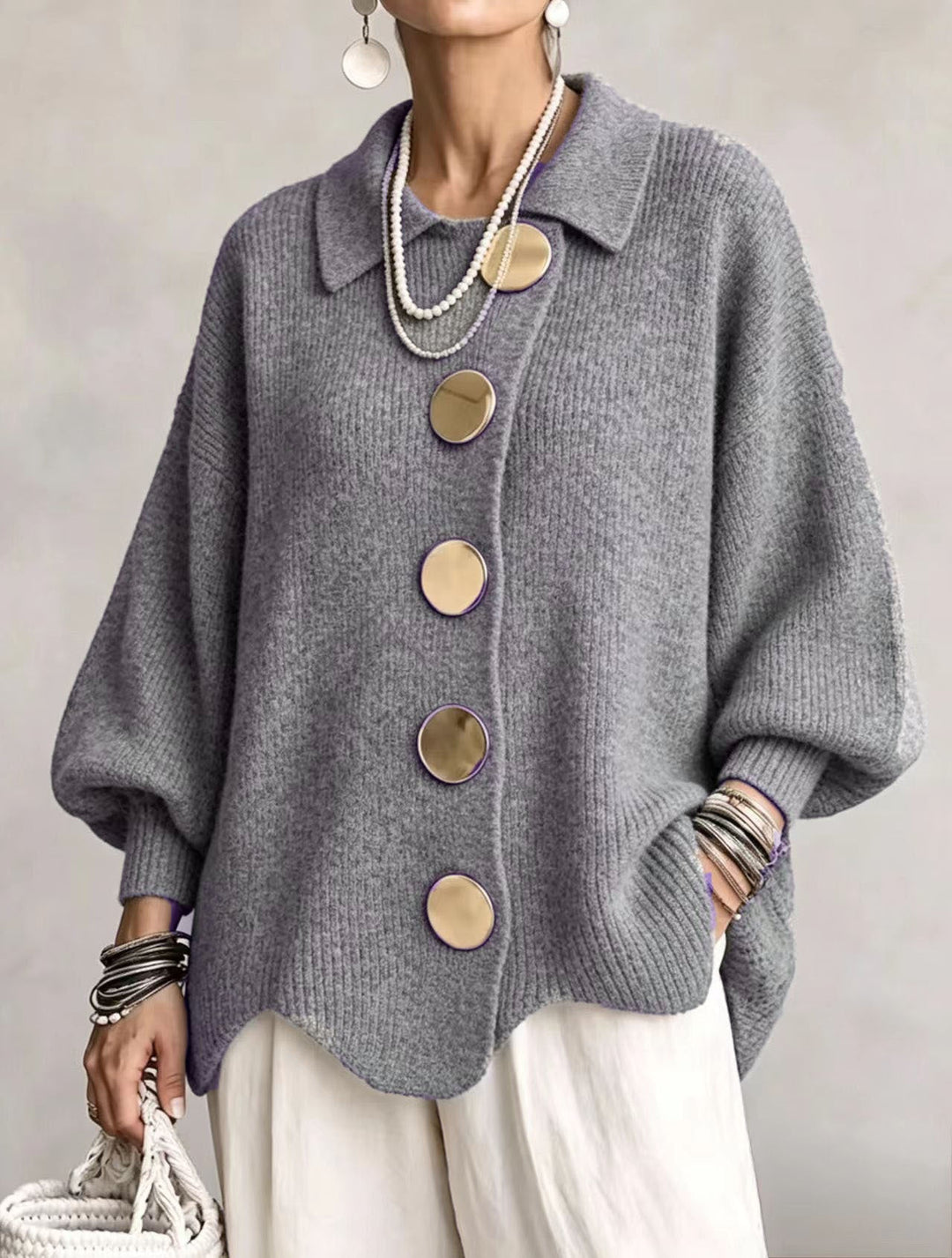 Eleanor™ | Oversized Gold-Button Knit Cardigan