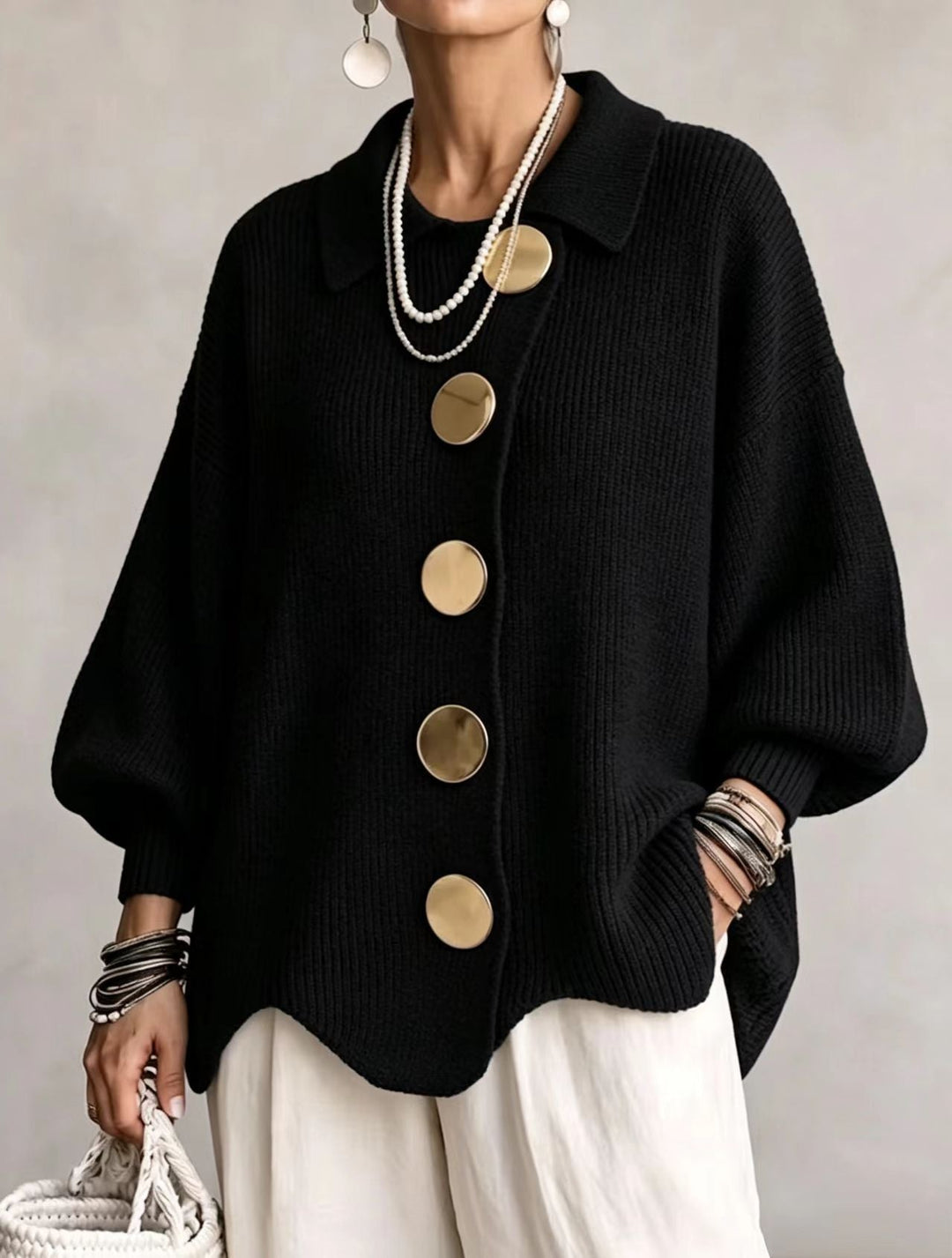 Eleanor™ | Oversized Gold-Button Knit Cardigan