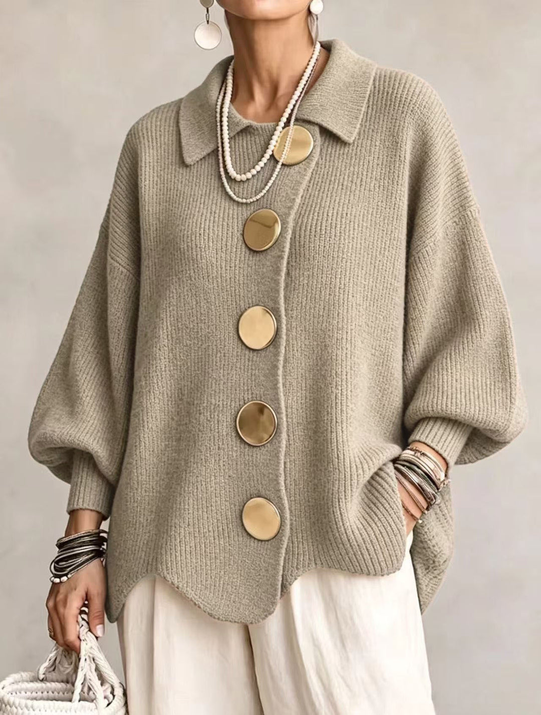 Eleanor™ | Oversized Gold-Button Knit Cardigan