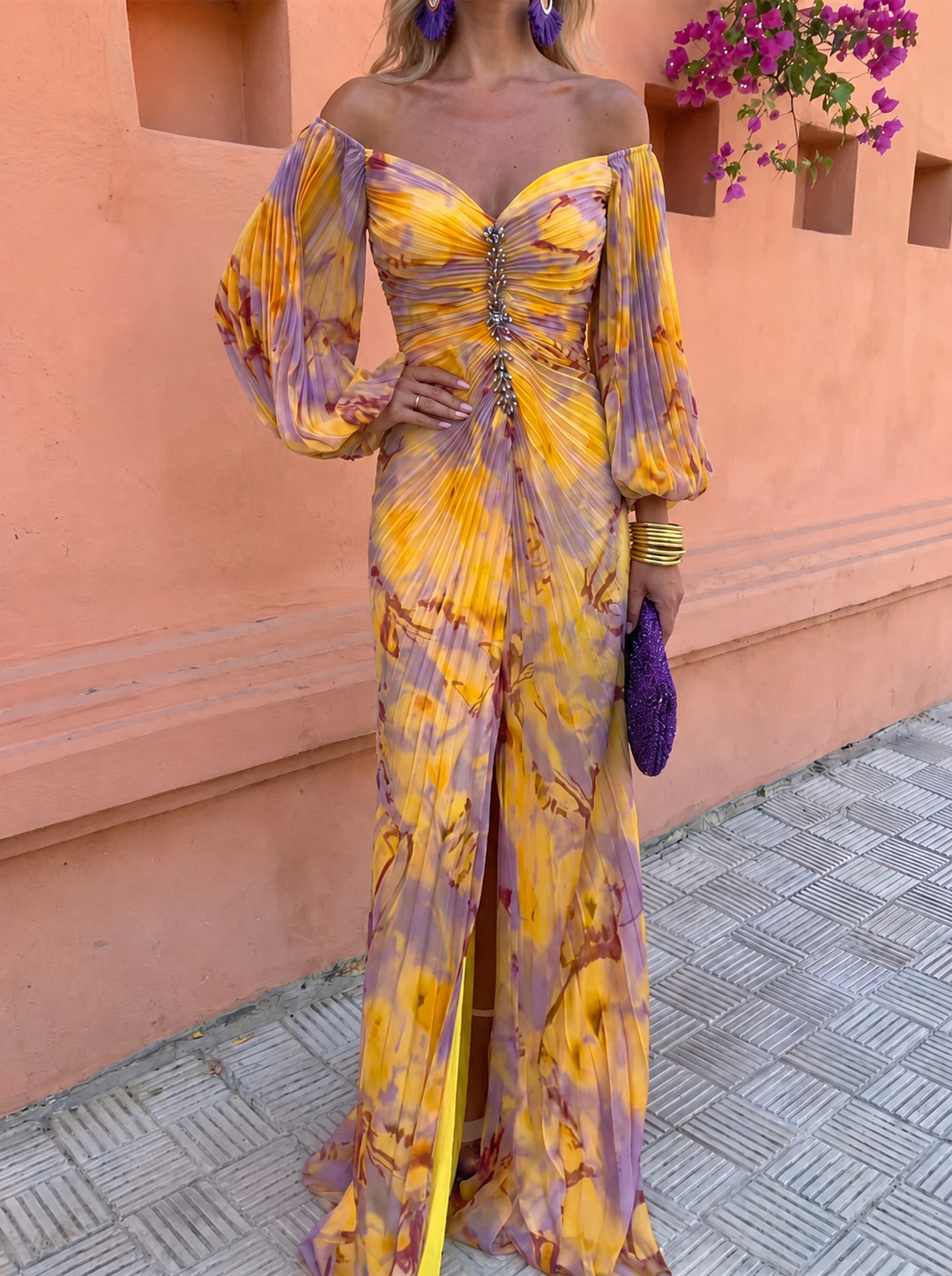 GRETA™ – Long Floral Dress With A Deep Neckline