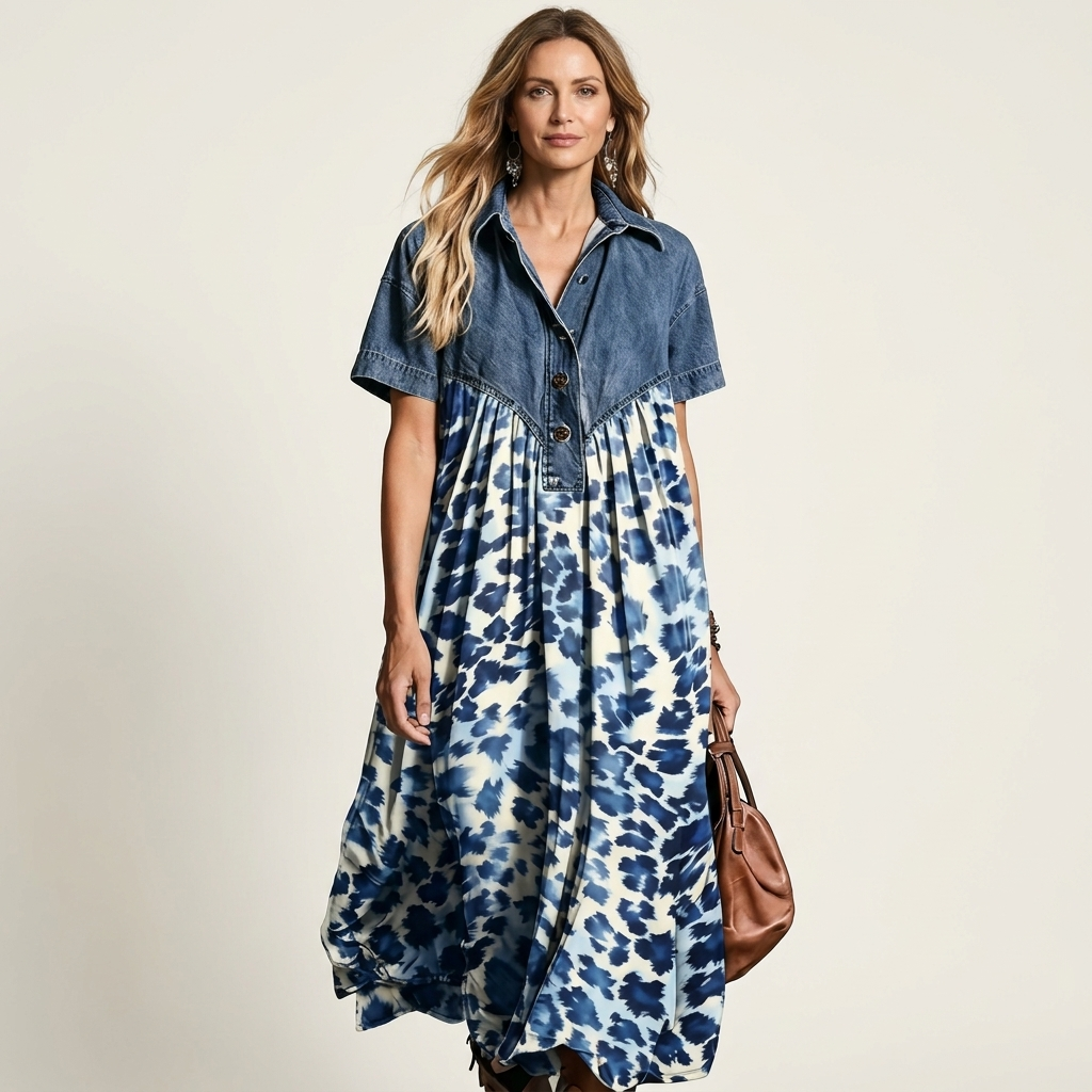 Syma | Denim Patchwork Print Maxi Dress