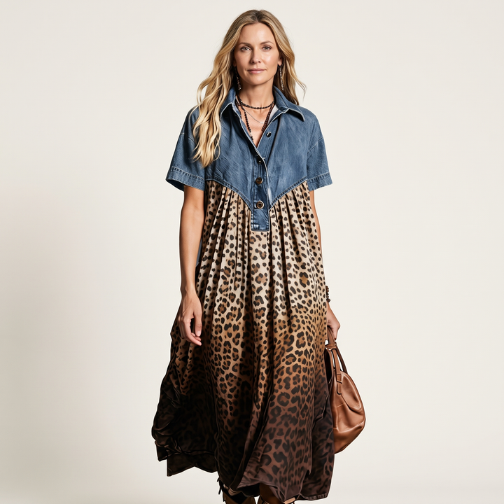 Syma | Denim Patchwork Print Maxi Dress